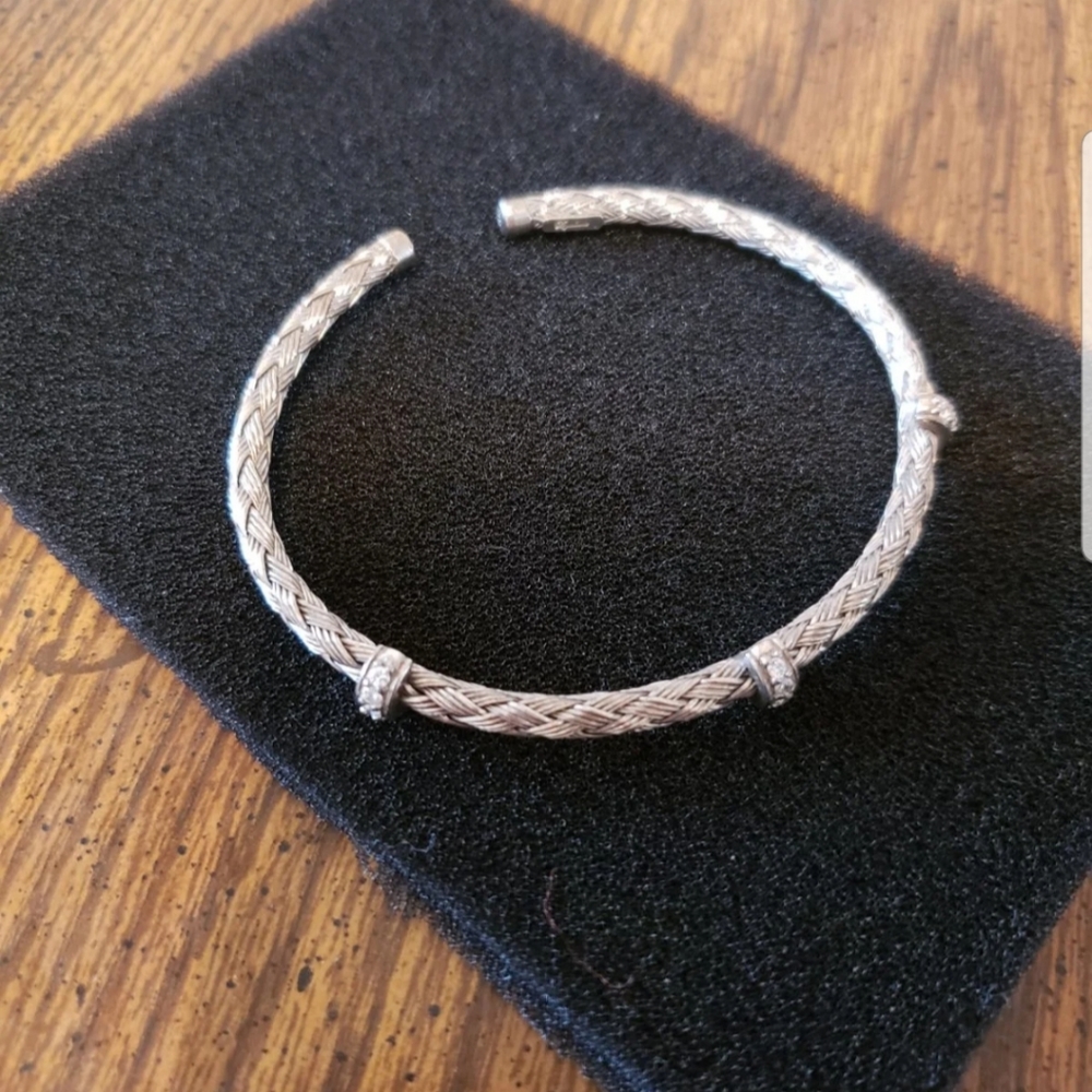 Sterling silver woven mesh cuff bracelet with CZ